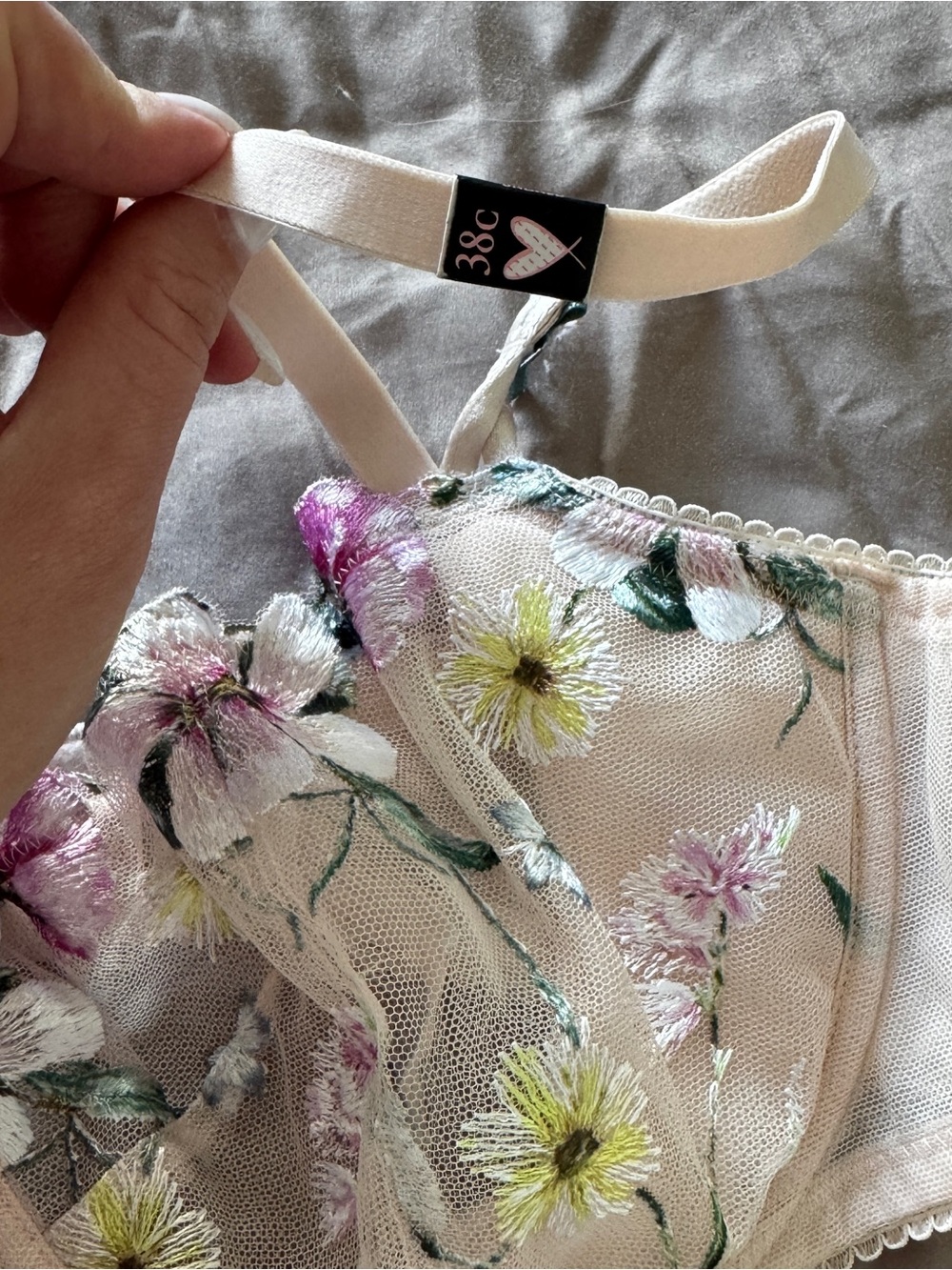 Floral Embroidered Sheer Balconette Bra - Cream - Picture 3 of 4